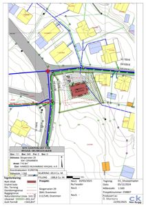 Situasjonsplan som viser byggeplass, eiendomsgrenser, naboeiendommer og infrastruktur.