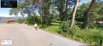 Google Street View-bilde av en vei med hus og skog i bakgrunnen.