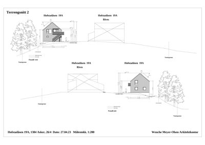 Terrengsnitt som viser bygningens høyde i forhold til terrenget, samt fasader og tomtegrenser.