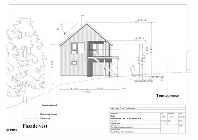 Fasadetegning av en bolig sett fra vest, med mål og terrengforhold