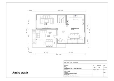 Etasjeplan (andre etasje) med romfordeling, mål og funksjonsbeskrivelser.