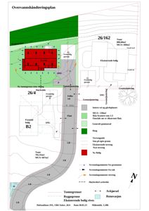 Situasjonsplan som viser tomtsgrenser, eksisterende og ny bolig, samt overvannshåndtering og terrengforhold.