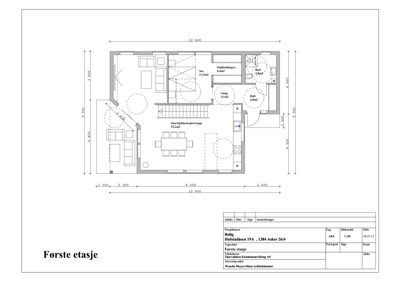 Etasjeplan for første etasje med romfordeling og mål.