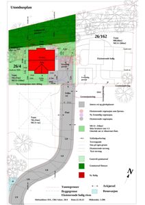 Situasjonsplan (Utomhusplan) som viser tomtsgrenser, arealbruk, eksisterende og ny bebyggelse, samt veg og grøntareal.