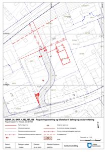 Reguleringsplan som viser eiendomsinndeling, formålsgrenser og bebyggelsesområder i Hofstad.