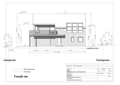 Fasadetegning av bygning sett fra sør, med mål og terrengforhold
