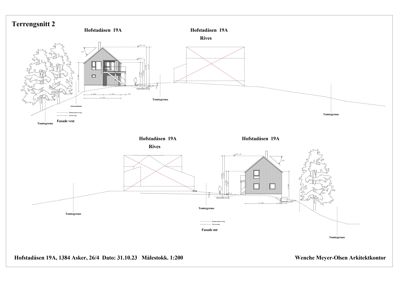 Terrenissnitt (snittegning) av en bygning med angivelse av fasader og tomtegrenser.