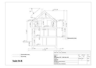 Snittegning (Snitt B-B) som viser tverrsnittet av en bolig med høydeangivelser og romfordeling.