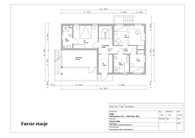 Etasjeplan for første etasje med romfordeling, mål og areal.