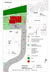 Situasjonsplan som viser tomtsgrenser, eksisterende og fremtidig bebyggelse, vegforhold og terrengforhold.