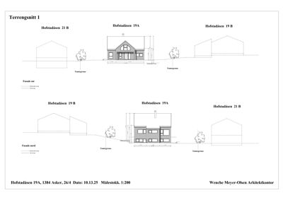 Terrengsnitt som viser fasader og tomtegrenser for Hofstadåsen 19A, 19B og 21B.