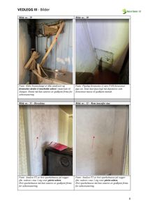 En samling av fire fotografier som viser innvendige rom i en bygning, inkludert en stue og tekniske rom, med tekster om asbestfunn.