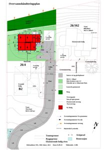 Overvannshåndteringsplan som viser tomtsgrenser, byggeareal, vegnett og terrengforhold.