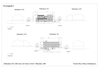 Terrengsnitt som viser bygningens høydeprofil i forhold til terrenget og naboeiendommer.