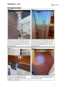 Fotografier av innvendige rom i en bygning, inkludert gulv, vegger og et kjøkkenområde, med tilhørende tekstbeskrivelser om funn fra analyser.