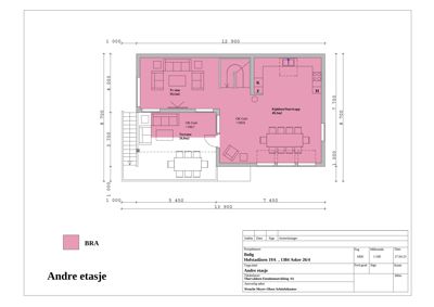 Etasjeplan for 'Andre etasje' som viser romfordeling, mål og funksjoner.