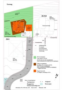 Situasjonsplan som viser tomtgrenser, terrengforhold, naboeiendom og byggegrenser.