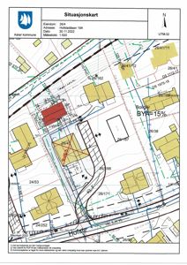 Situasjonskart som viser eiendomsnummer, adresse, dato, målestokk og bygningsplassering i forhold til veier og naboeiendommer.