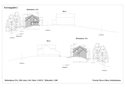 Terrengsnitt som viser bygningens plassering i forhold til terrenget og naboeiendommen.