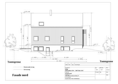 Fasadetegning av en bolig sett fra nord, med høyde- og breddeangivelser.