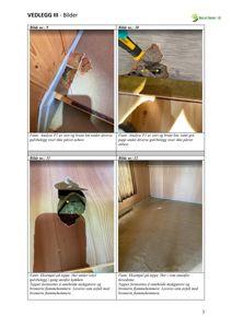 Fotografier av gulvbelegg og underlag i en bygning, inkludert detaljer av tapet og asbestanalyse.