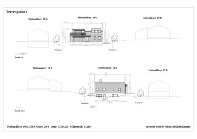 Terrengsnitt som viser bygningens høyde i forhold til terrenget og naboeiendommer.