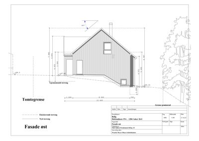 Fasadetegning av en bolig sett fra øst, med mål og terrengforhold