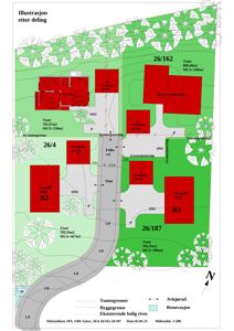 Situasjonsplan som viser tomtedeling, byggeplasser og nabolag.