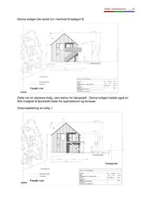 Bildet viser to tegninger av fasaden på en bolig sett fra vest. Tegningene inkluderer mål, takform og terrengforhold.