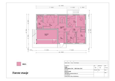 Etasjeplan for første etasje med romfordeling og mål.