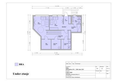 Etasjeplan (under etasje) med romfordeling, mål og arealoppsett.