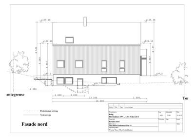 Fasadetegning av bygning sett fra nord, med mål og terrengforhold