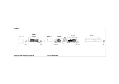 Fasadetegning som viser fronten av flere boliger sett fra gaten (Ternengata 2).