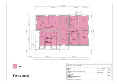 Etasjeplan for første etasje som viser romfordeling, mål og areal.