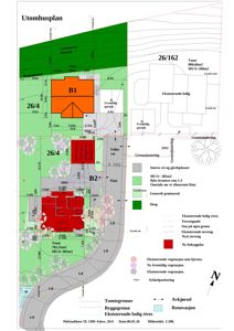 Situasjonsplan (Utomhusplan) som viser tomtens grenser, bebyggelse, vegforhold og arealbruk.