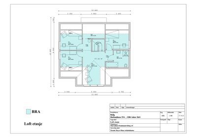 Etasjeplan for loftet i en bolig, med romfordeling, mål og innredning.