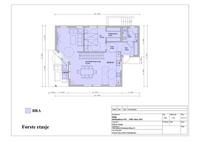 Etasjeplan for første etasje av en bolig, som viser romfordeling, arealer og trapp.