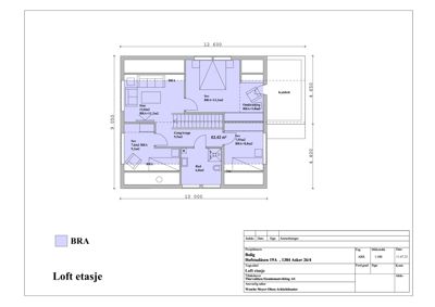 Etasjeplan for loftet i en bolig, som viser romfordeling, størrelser og funksjoner.