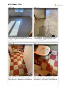 En samling av fire fotografier som viser gulvbelegg (fliser) i ulike rom, med tilhørende tekster som beskriver funn av asbest og behov for sanering.