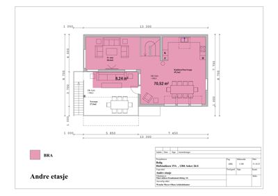 Etasjeplan (andre etasje) med romfordeling, mål og arealoppsett.