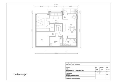 Etasjeplan (under etasje) med romfordeling, møbler og mål.