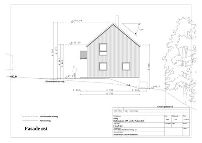 Fasadetegning av en bolig sett fra øst med mål og høydeangivelser.