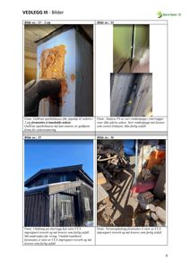 Fotografier av en bygning og detaljer fra en byggesak, inkludert bilder av asbest og treverk.