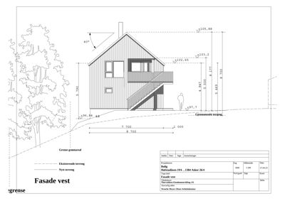 Fasadetegning av bygning sett fra vest, med mål og terrengforhold