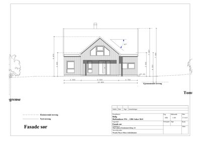 Fasadetegning av en bolig sett fra sør, med mål og terrenglinjer.