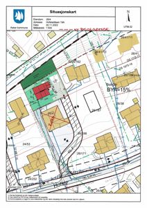 Situasjonskart som viser eiendomsnummer, adresse, naboeiendommer og bygningers plassering på tomt.
