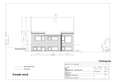 Fasade tegning av en bygning sett fra nord, med mål og terrenglinjer.