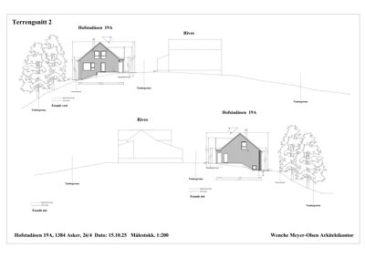 Terrengsnitt som viser bygningens plassering i forhold til terrenget og naboeiendommen.