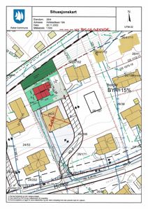 Situasjonskart som viser eiendomsnummer, adresse, naboeiendommer og bygningsplassering.