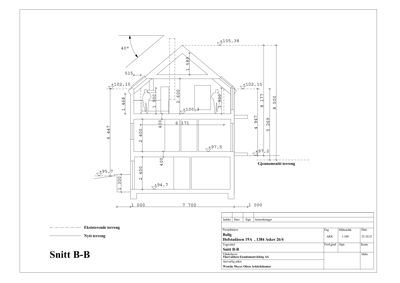 Snittegning (Snitt B-B) som viser tverrsnittet av en bolig med mål og høyder.